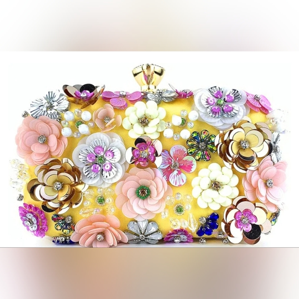 bebe Yellow Floral Embellished Clutch with Pink, White & Gold Accents